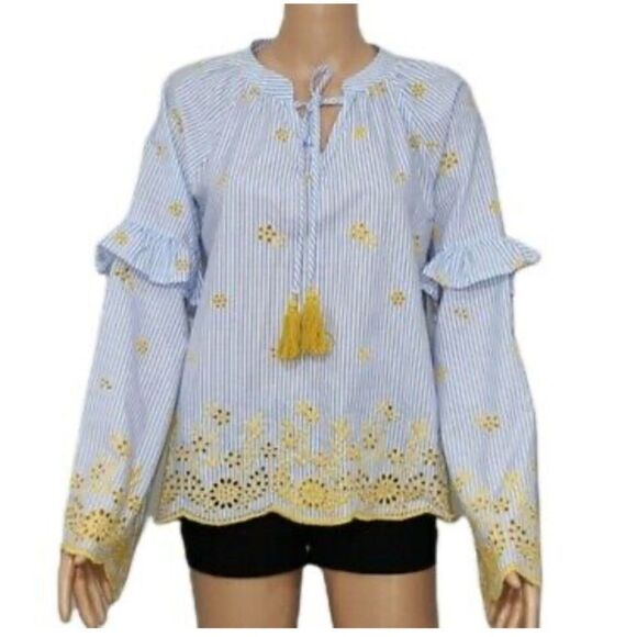 Very J boutique, blue and white striped blouse with yellow tassels size medium - Picture 1 of 9